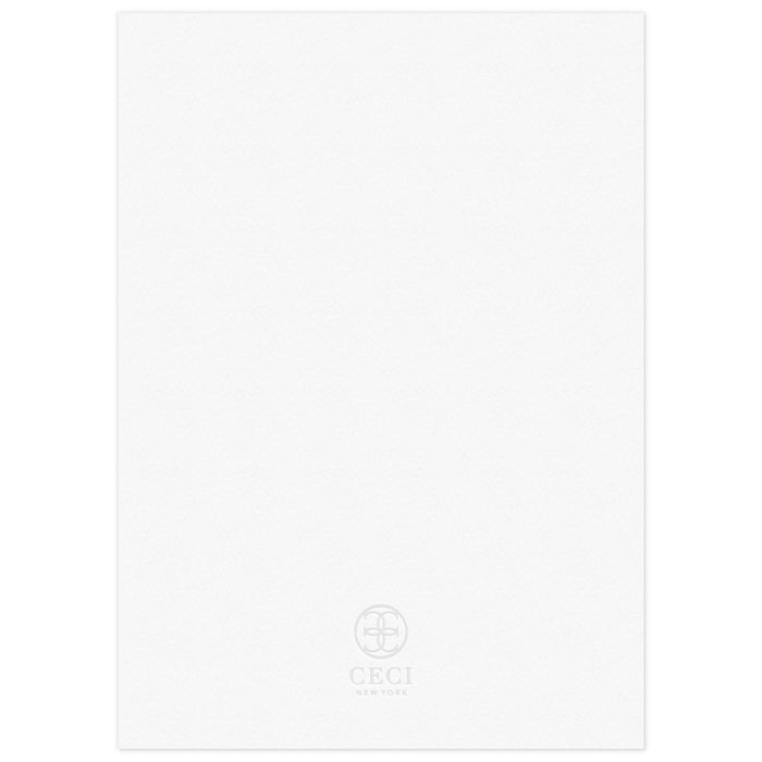 White blank back of a save the date with a gray Ceci New York circle logo at the bottom.