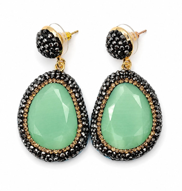 Myra stone pendant earrings in green with black rhinestones, perfect for adding elegance and color to any outfit.