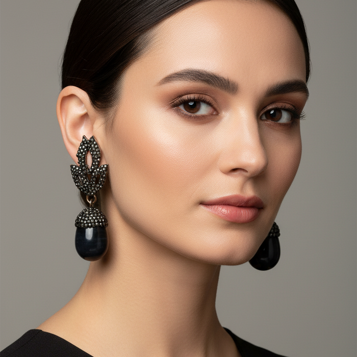 Nina Stone Drop Earrings in Black with crystal rhinestone pendant – gold plated – Zoha Los Angeles