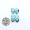 Number 8 Turquoise cabochons, blue and green color with brown matrix, polished stones on a white background, with a US dime for scale