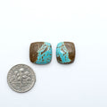 Number 8 Turquoise cabochons, blue and green color with brown matrix, polished stones on a white background, with a US dime for scale