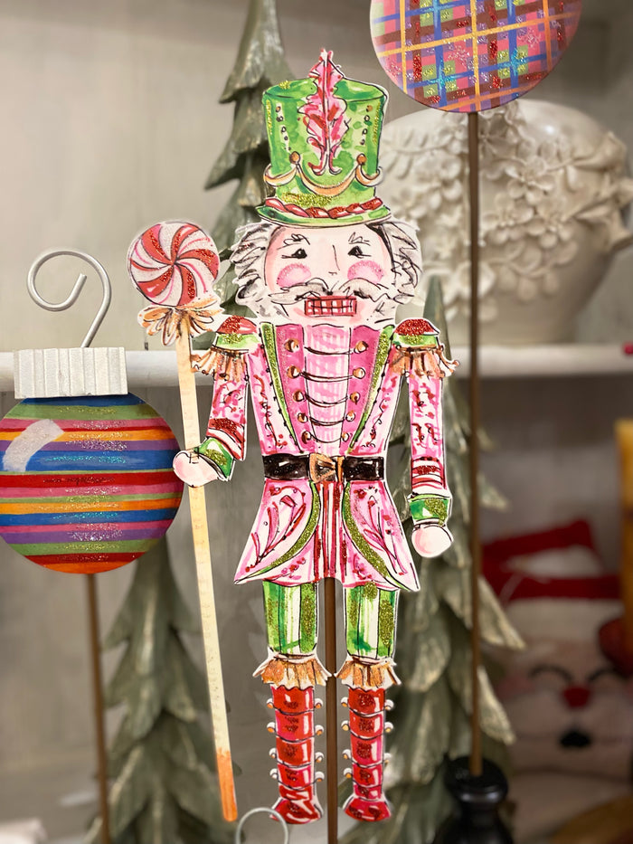 Nutcracker Pink, Green, & Red Metal Stake Outdoor or Indoor