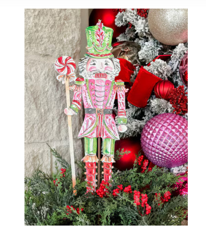 Nutcracker Pink, Green, & Red Metal Stake Outdoor or Indoor