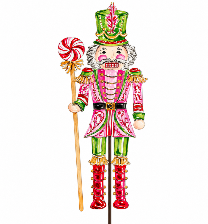 Nutcracker Pink, Green, & Red Metal Stake Outdoor or Indoor