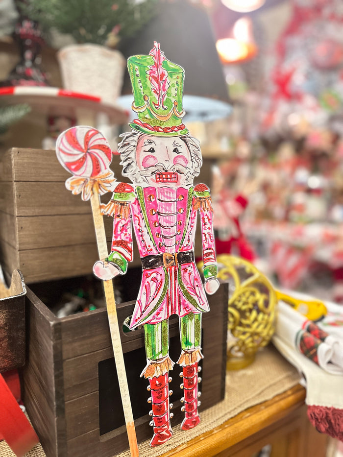 Nutcracker Pink, Green, & Red Metal Stake Outdoor or Indoor
