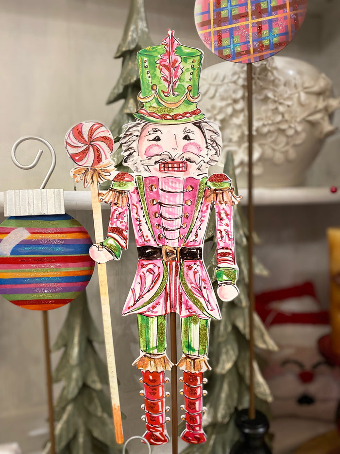 Nutcracker Pink, Green, & Red Metal Stake Outdoor or Indoor