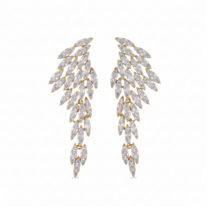 Nysa feather earrings featuring cascading angel wing drops with cubic zirconia crystal leaf petals.