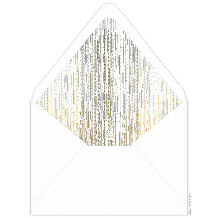 Ombre silver to gold lines falling from the top to the bottom of the liner. Gold Ceci New York Logo on the bottom of the inside of the liner.