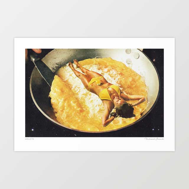 Omelette surreal art print horizontal — tanned woman in yellow bikini reclining arms spread in a large stainless steel frying pan of golden bubbling scrambled eggs on a black hob with a hand gripping the pan handle visible at top, surreal funny kitchen food print for brunch cafés and eclectic interiors