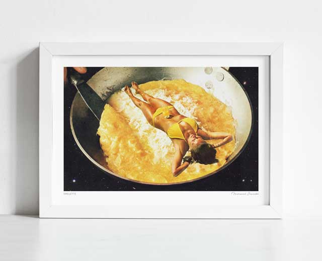 Omelette art print framed horizontal — surreal vintage collage of a woman in a yellow bikini lying contentedly in a professional frying pan of warm golden eggs her swimwear camouflaged by the egg colour, kitsch funny breakfast kitchen art for dining rooms creative studios and gallery walls