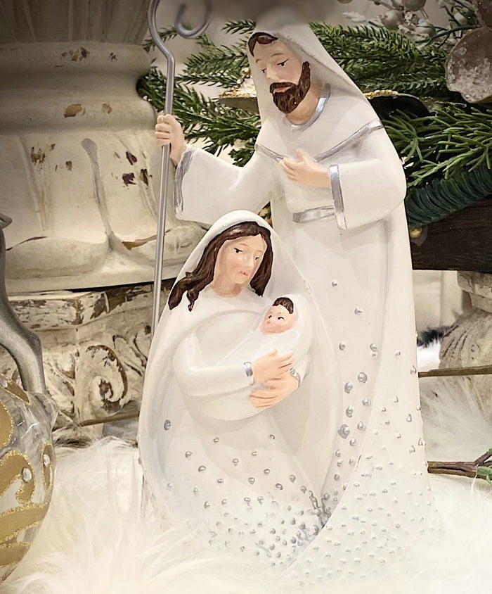 Pearl Embellished White and Silver Resin Holy Family