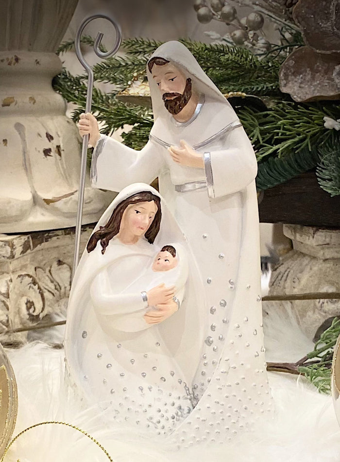 Pearl Embellished White and Silver Resin Holy Family
