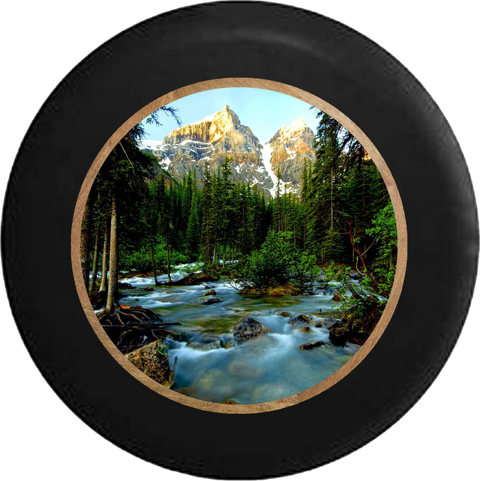 Pine Forest with Mountain Backdrop Flowing Stream Jeep Camper Spare Tire Cover BLACK-CUSTOM SIZE/COLOR/INK- R199 - TireCoverPro