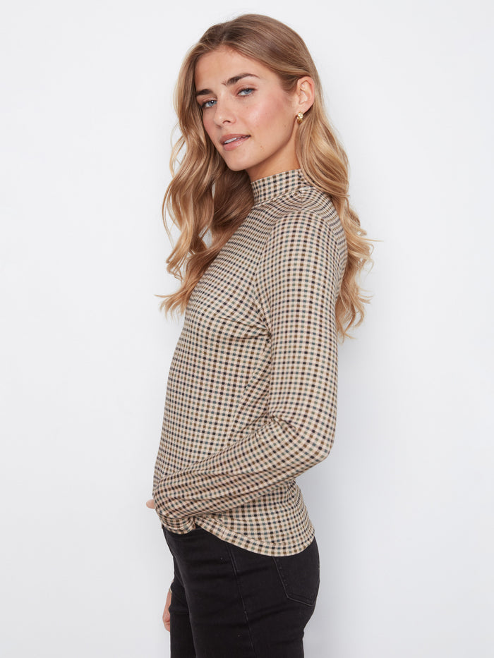 Plaid pattern creates a classic look for this coffee colored mock neck by Charlie B.