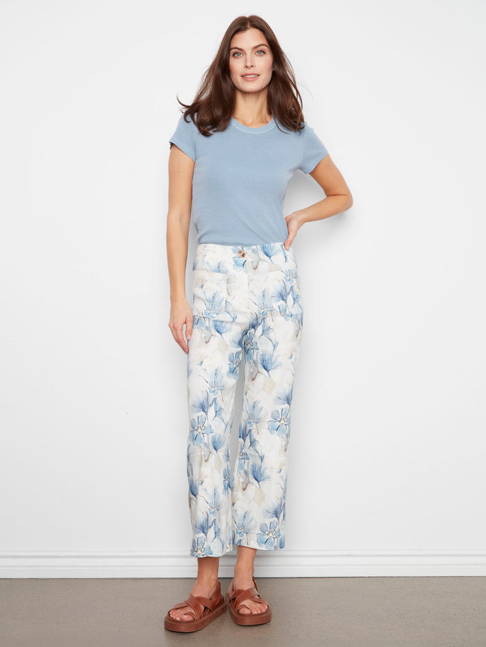 Floral pants featuring a wide leg design, perfect for a relaxed yet stylish look. Crafted with care by Charlie B.