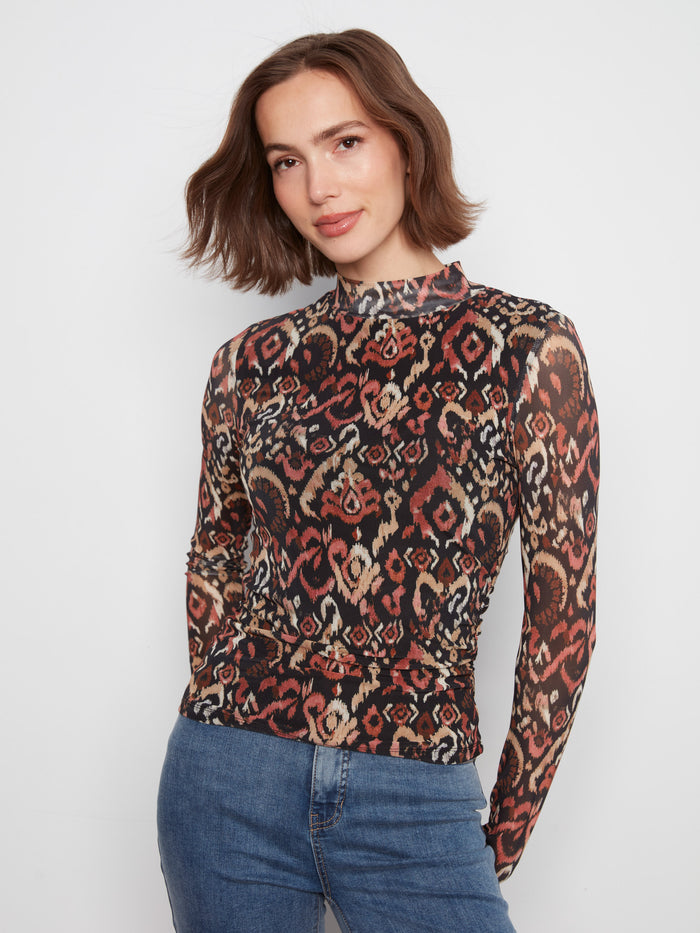 Elegant top with a mock neckline, showcasing intricate patterns for a chic look by Charlie B.