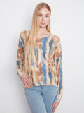 Knit top with a V-neckline and abstract pattern in earthy tones, perfect for casual wear by Charlie B.