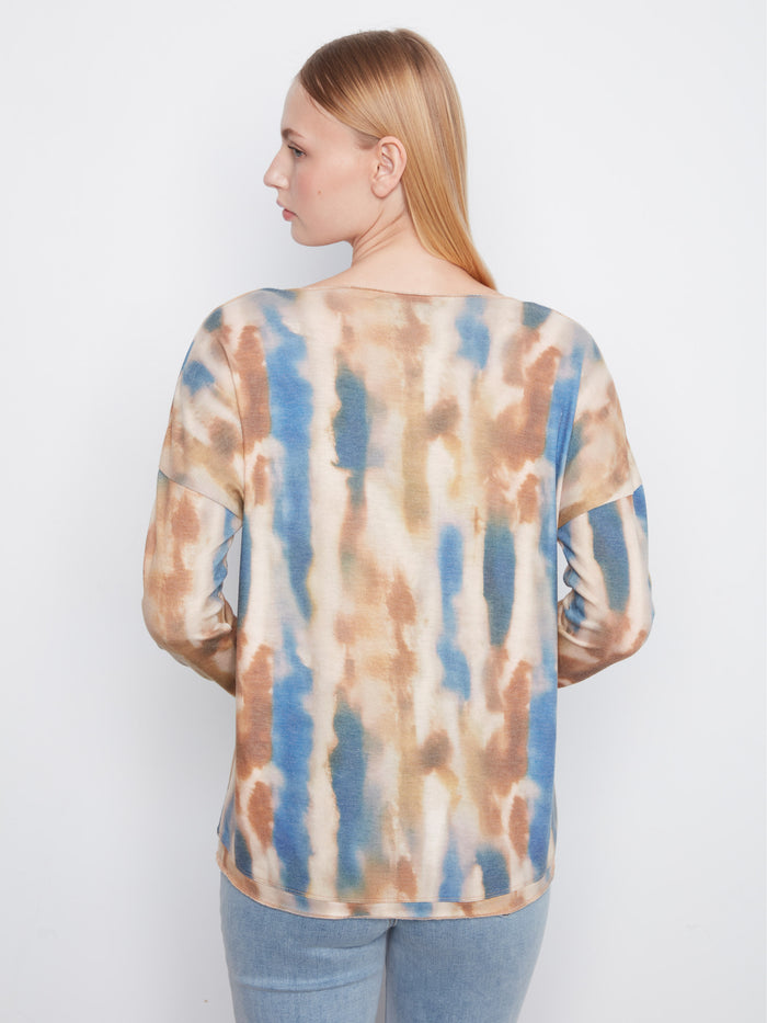 Stylish knit top showcasing an abstract design in blue shades with drop shoulders by Charlie B.