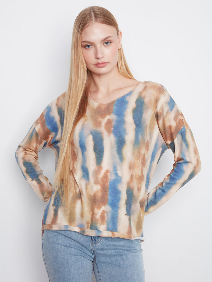 Comfortable knit top with a V-neckline and unique earthy pattern, great for everyday style by Charlie B.