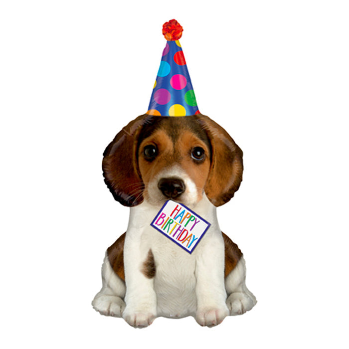A mylar balloon featuring an image of a puppy wearing a birthday hat with the text 'Happy Birthday' on a tag.