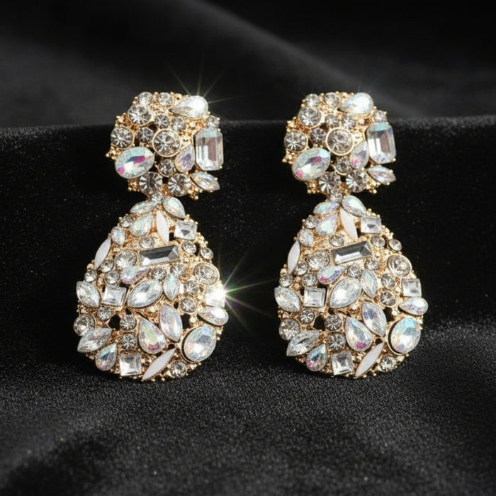 Rasha Crystal Teardrop Earrings – Iridescent Drop Earrings in White Gold | Zoha Los Angeles