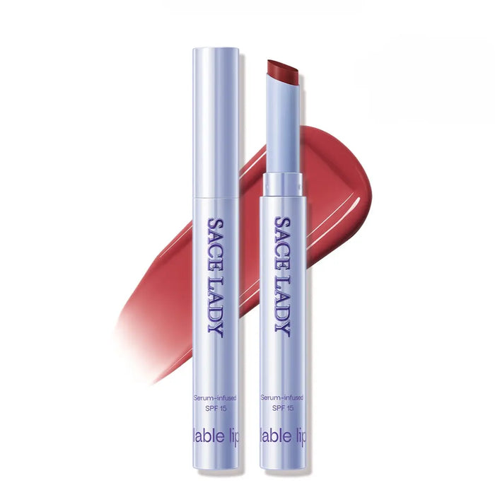SACE LADY refillable lip gloss pen with silver case and glossy red color swatch