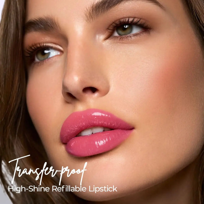 Model wearing high-shine SACE LADY refillable lip gloss