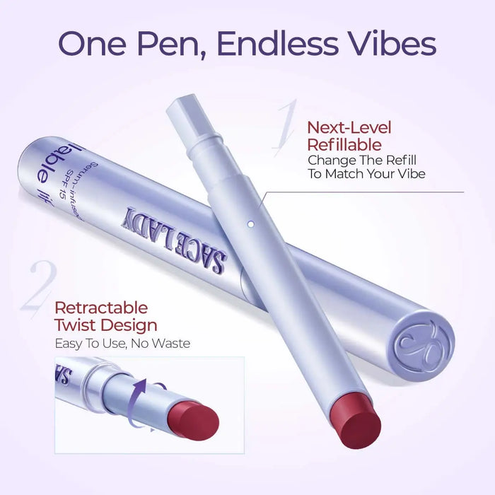 SACE LADY refillable lip gloss pen with replaceable cartridge and twist-up design