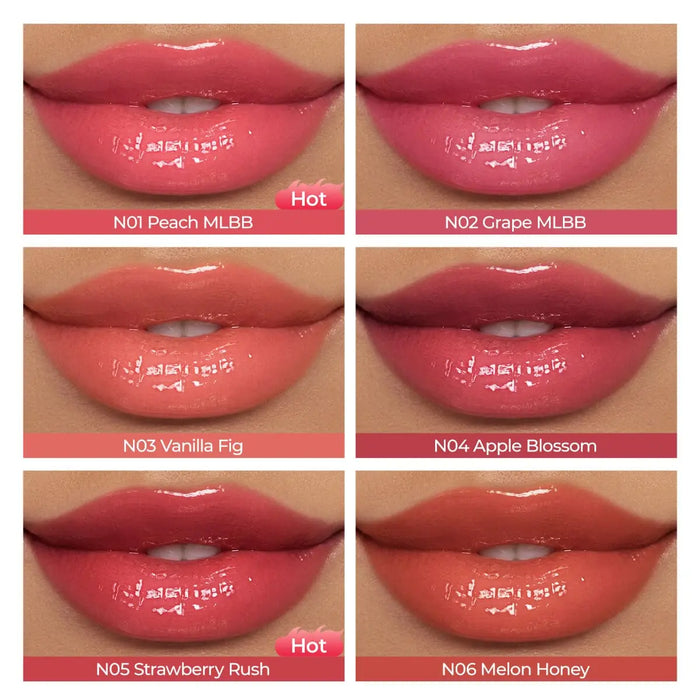 Six SACE LADY refillable lip gloss shades shown as glossy lip swatches