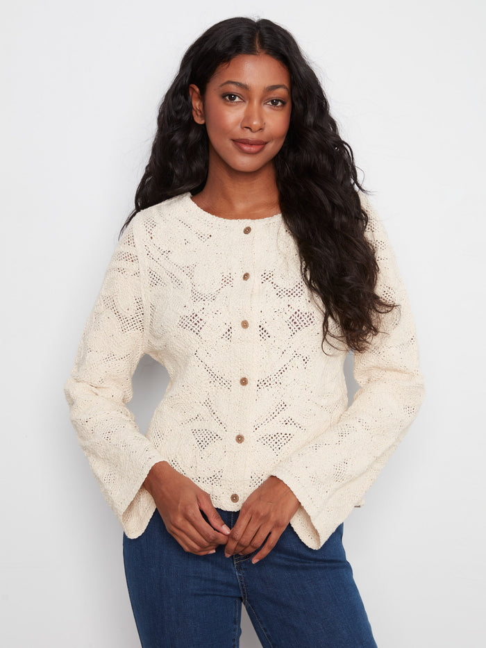 Coffee crochet cardigan with button-down front or back, offering multiple styling options by Charlie B.