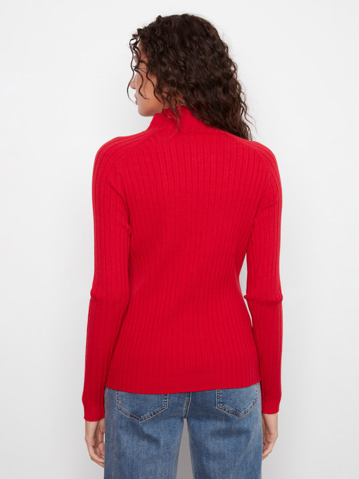 Ribbed Knit Mock Neck Sweater - Equestrian