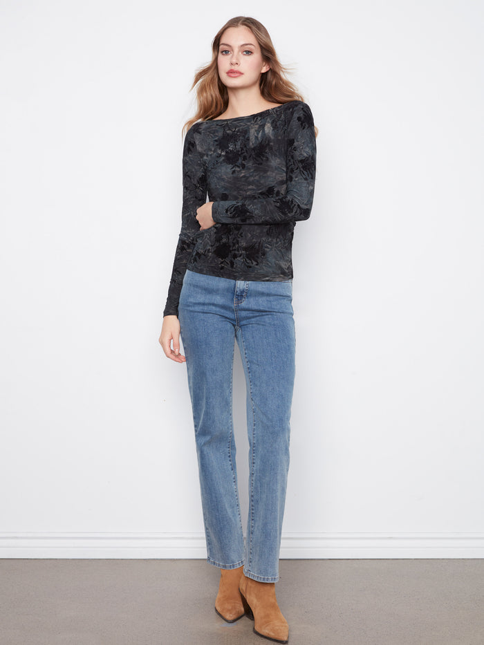 Elegant floral pattern top featuring a flattering boat neckline, by Charlie B.