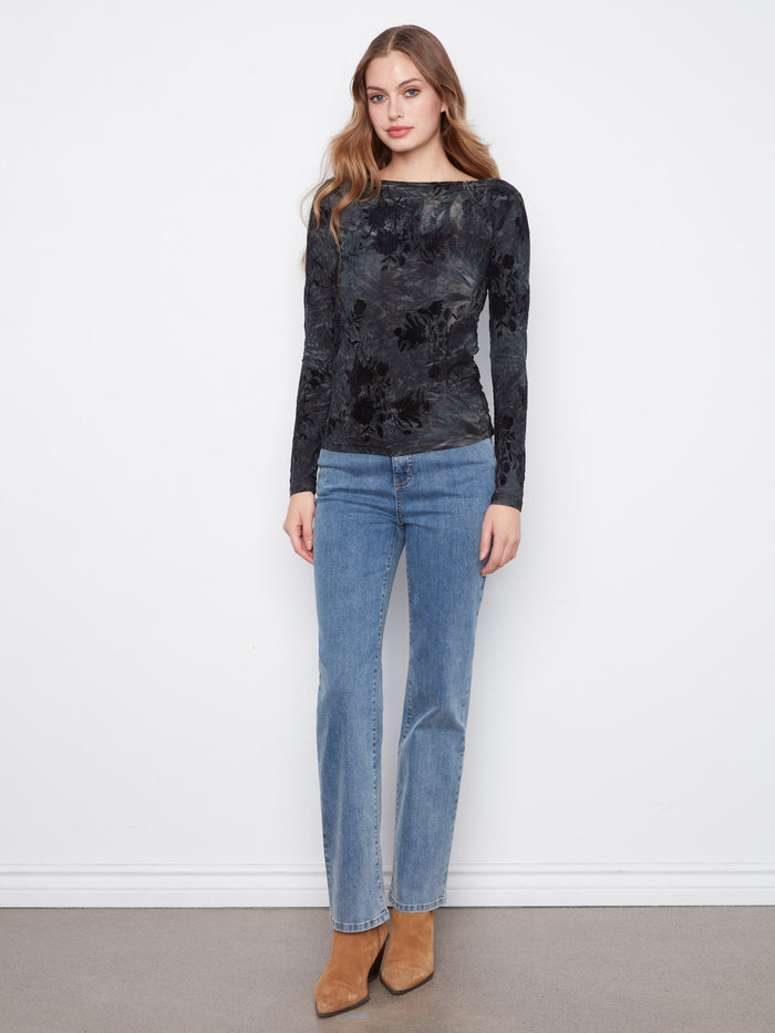 Chic floral patterned top showcasing long sleeves and sleek silhouette, by Charlie B.