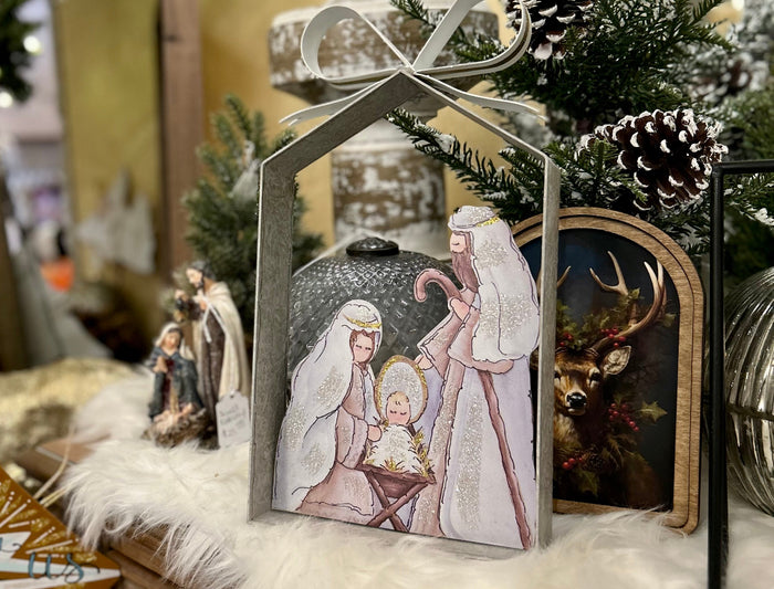 Rustic Farmhouse Holy Family in Galvanized Frame with Bow