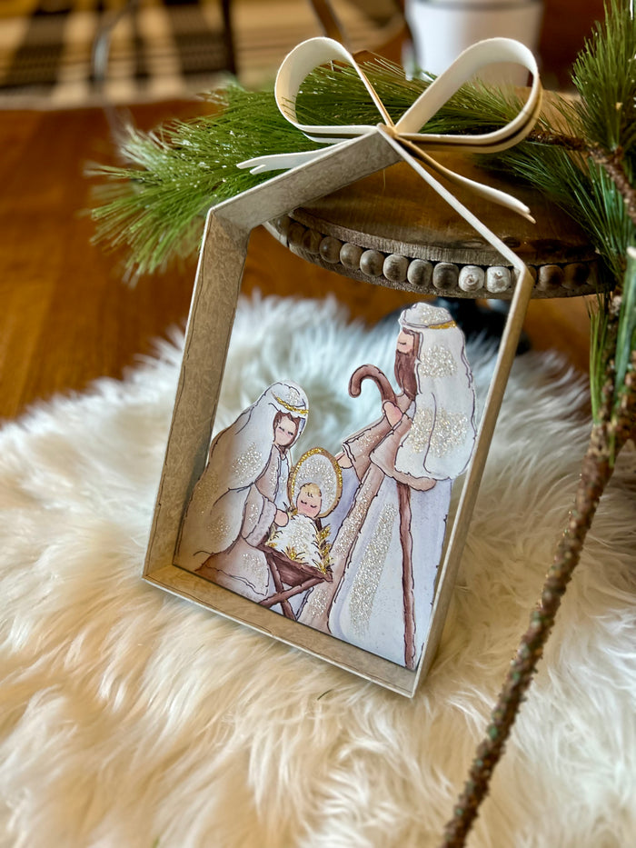 Rustic Farmhouse Holy Family in Galvanized Frame with Bow