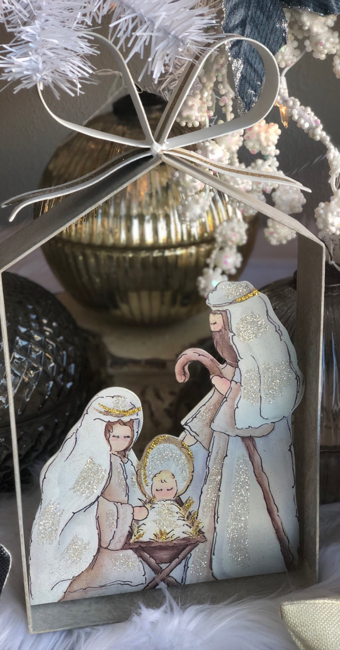 Rustic Farmhouse Holy Family in Galvanized Frame with Bow