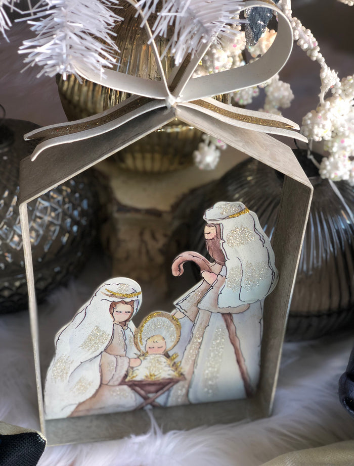 Rustic Farmhouse Holy Family in Galvanized Frame with Bow