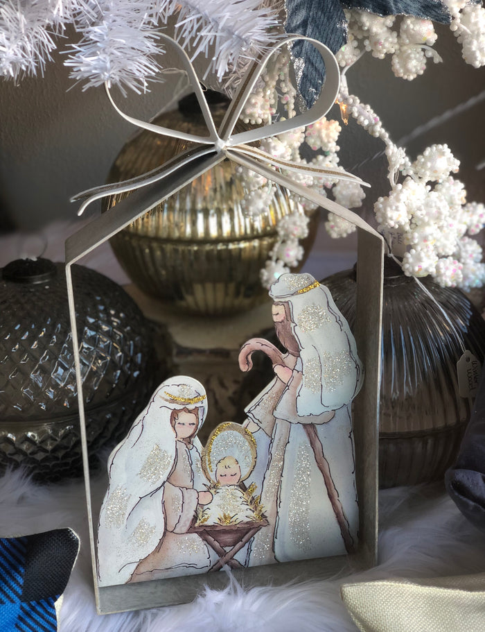 Rustic Farmhouse Holy Family in Galvanized Frame with Bow