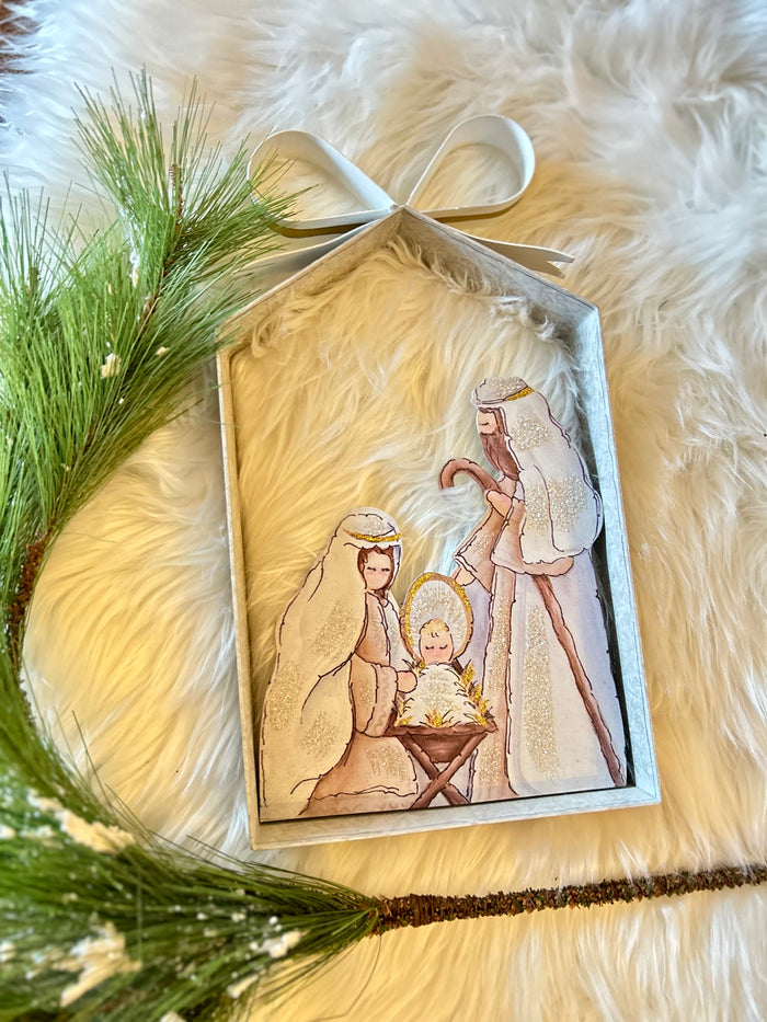 Rustic Farmhouse Holy Family in Galvanized Frame with Bow