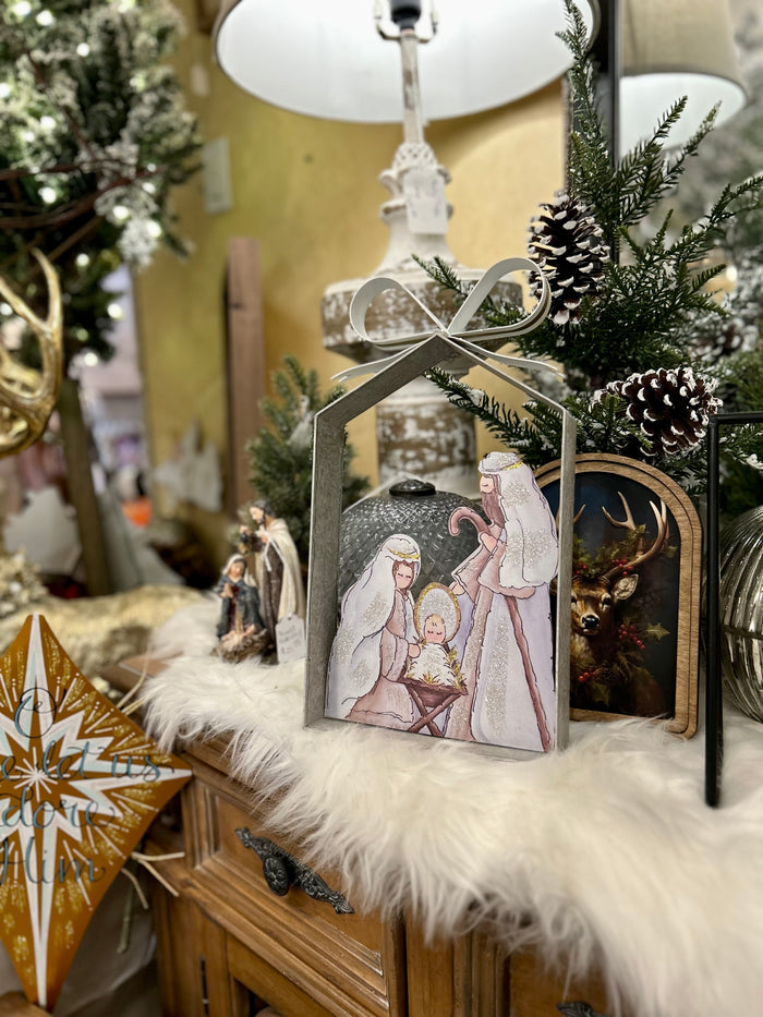 Rustic Farmhouse Holy Family in Galvanized Frame with Bow