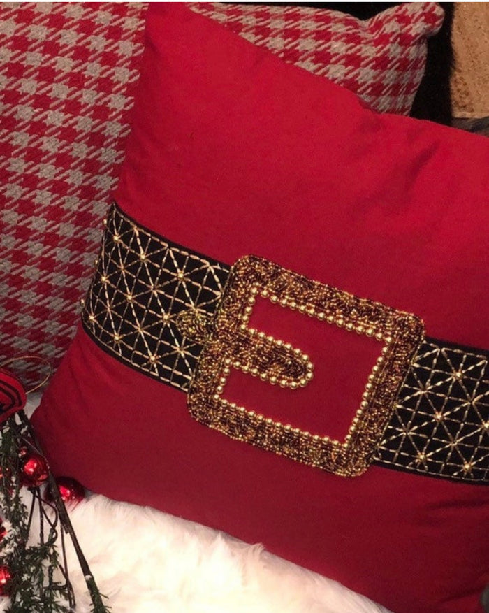 Santa Belt Beaded Red and Gold Pillow Christmas