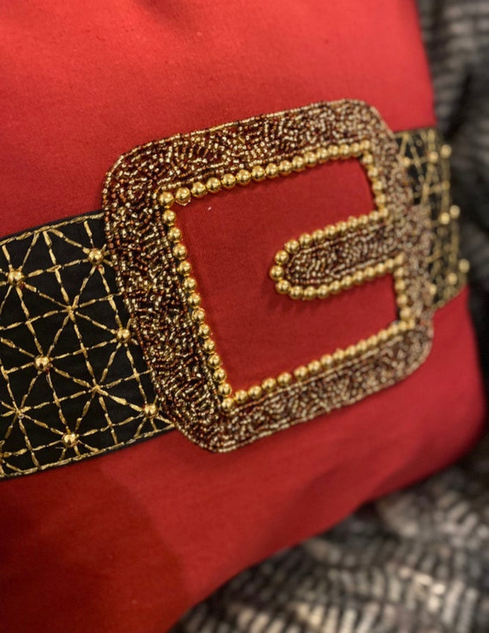 Santa Belt Beaded Red and Gold Pillow Christmas