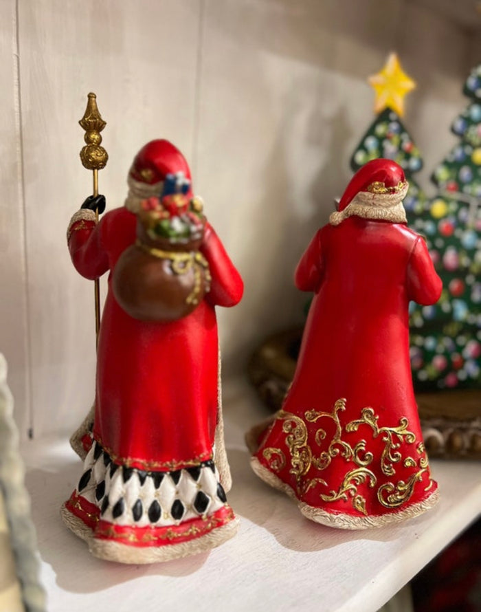Santa in Long Coat with Gold Scroll Pattern or Santa with Harlequin Pattern