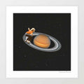 Saturn Skating surreal art print — woman in orange top crouched on skateboard riding Saturn's rings through star-scattered deep space with blonde hair streaming behind her, cosmic skate culture wall art for bold eclectic and space aesthetic interiors