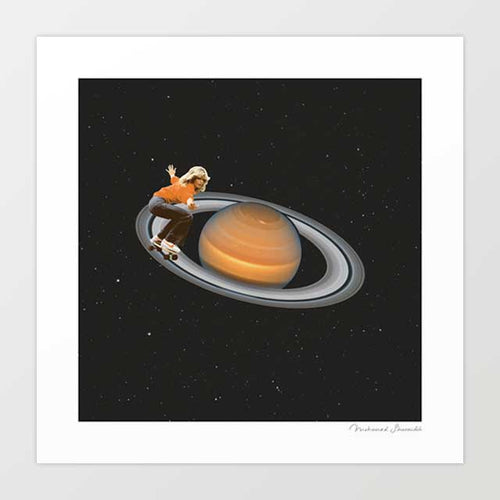 Saturn Skating surreal art print — woman in orange top crouched on skateboard riding Saturn's rings through star-scattered deep space with blonde hair streaming behind her, cosmic skate culture wall art for bold eclectic and space aesthetic interiors