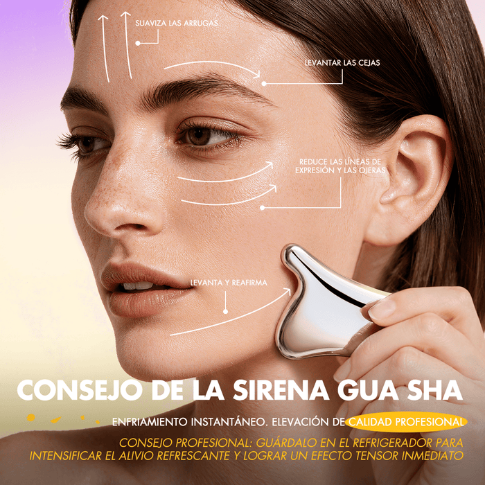Model using the gua sha-shaped eye serum applicator along facial massage lines