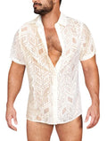 Man wearing a white lace shirt on a white background