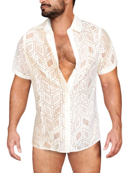 Man wearing a white lace shirt on a white background