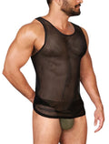 Man wearing a sheer black tank top on a white background