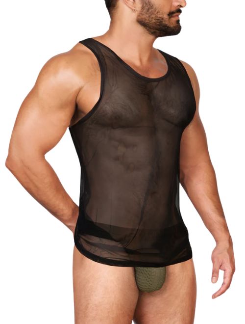 Man wearing a sheer black tank top on a white background